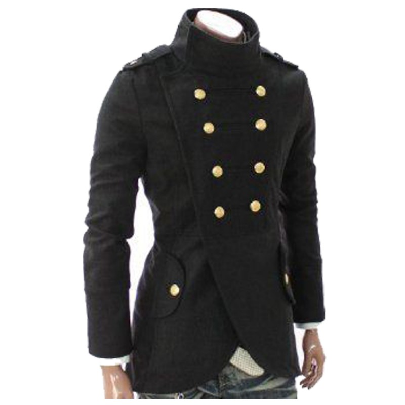 Men Casual Double Breasted Coat Doublju Military Golden Button Coat